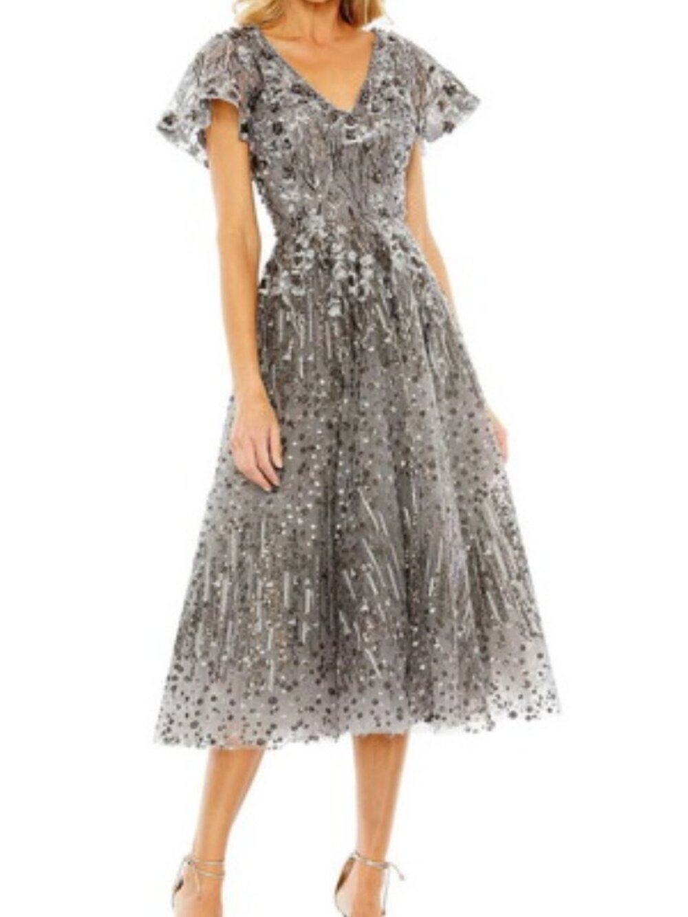 Mac Duggal Gunmetal Beaded Embroidered Floral Fit & Flare Dress